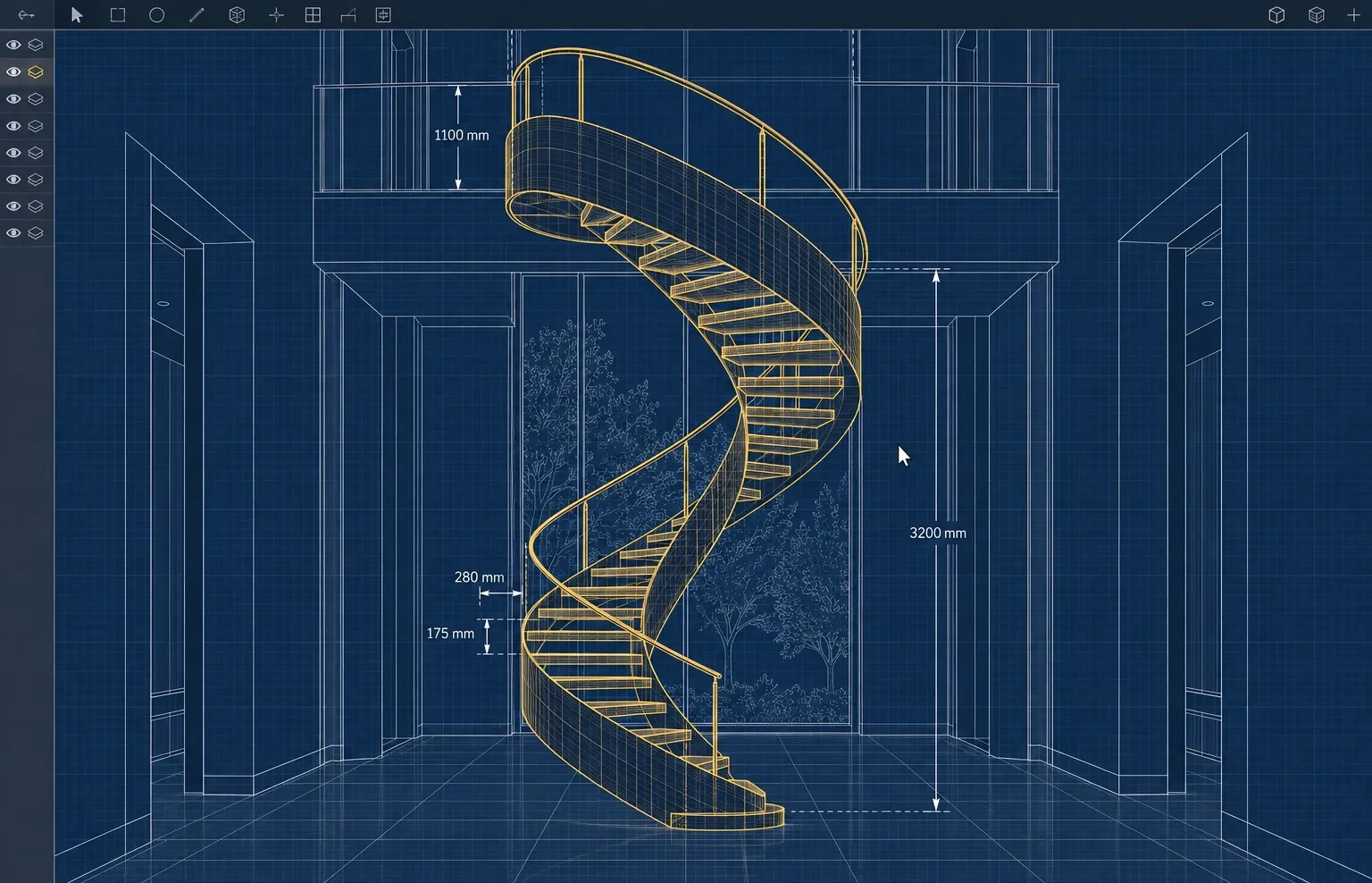 Exemple : l’escalier dessiné sur écran, puis posé — Plan